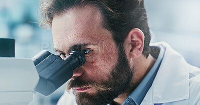 Buy stock photo Science, investigation or man in lab with microscope, test or examination in biochemistry. Clinical research, review or scientist with equipment, medical analysis or inspection in rna development.
