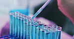 Science. research and test tubes in lab, liquid for chemistry experiment and breakthrough. Medical results, equipment or glass vials with syringe, biotech for pharmaceutical innovation or vaccination