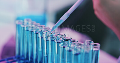 Buy stock photo Science. person and test tubes in lab, liquid for chemistry experiment and research. Medical results, scientist or glass vials with syringe, biotech for pharmaceutical innovation or vaccination