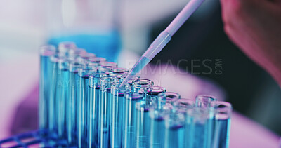 Buy stock photo Hand, test tube and scientist with dropper for medical experiment, drug development or chemistry. Chemical, pipette or person in lab for science innovation, cure or investigation for research closeup