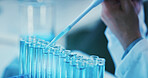 Hand, test tube and scientist with pipette for research, drug development or chemistry. Chemical, dropper and person in lab for science innovation, cure or pharma investigation for medical experiment