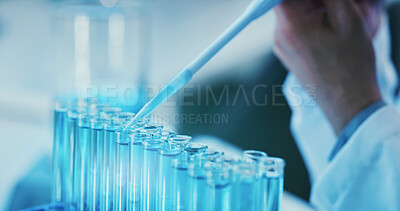 Buy stock photo Hand, test tube and scientist with pipette for research, drug development or chemistry. Chemical, dropper and person in lab for science innovation, cure or pharma investigation for medical experiment