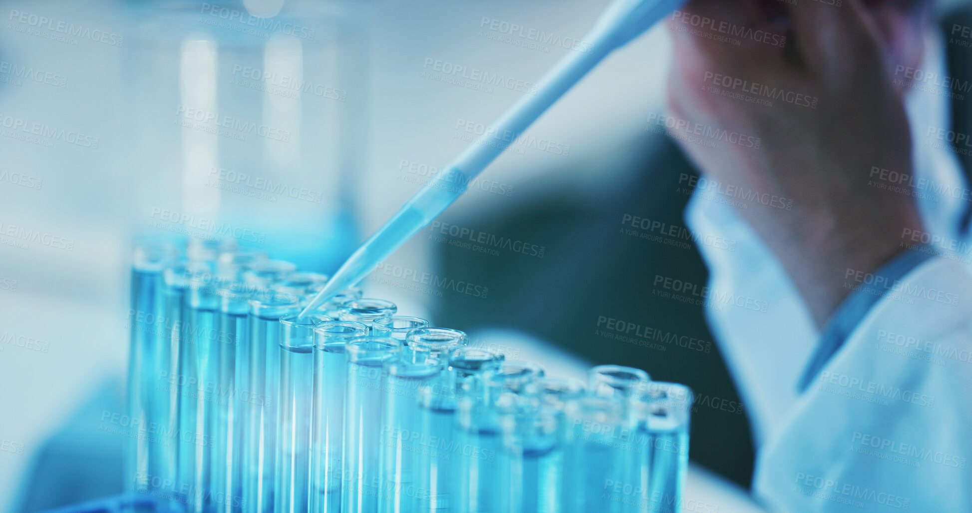 Buy stock photo Hand, test tube and scientist with pipette for research, drug development or chemistry. Chemical, dropper and person in lab for science innovation, cure or pharma investigation for medical experiment
