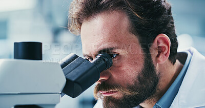 Buy stock photo Science, study or man in lab with microscope, investigation or examination in biochemistry. Clinical research, review or scientist with equipment, medical analysis or inspection in rna development.