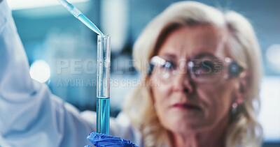 Buy stock photo Scientist, study and woman with test tube, lab and drug development for metabolic disease or science. Healthcare, medical professional and mature person with sample, pharmaceutical and diabetes cure