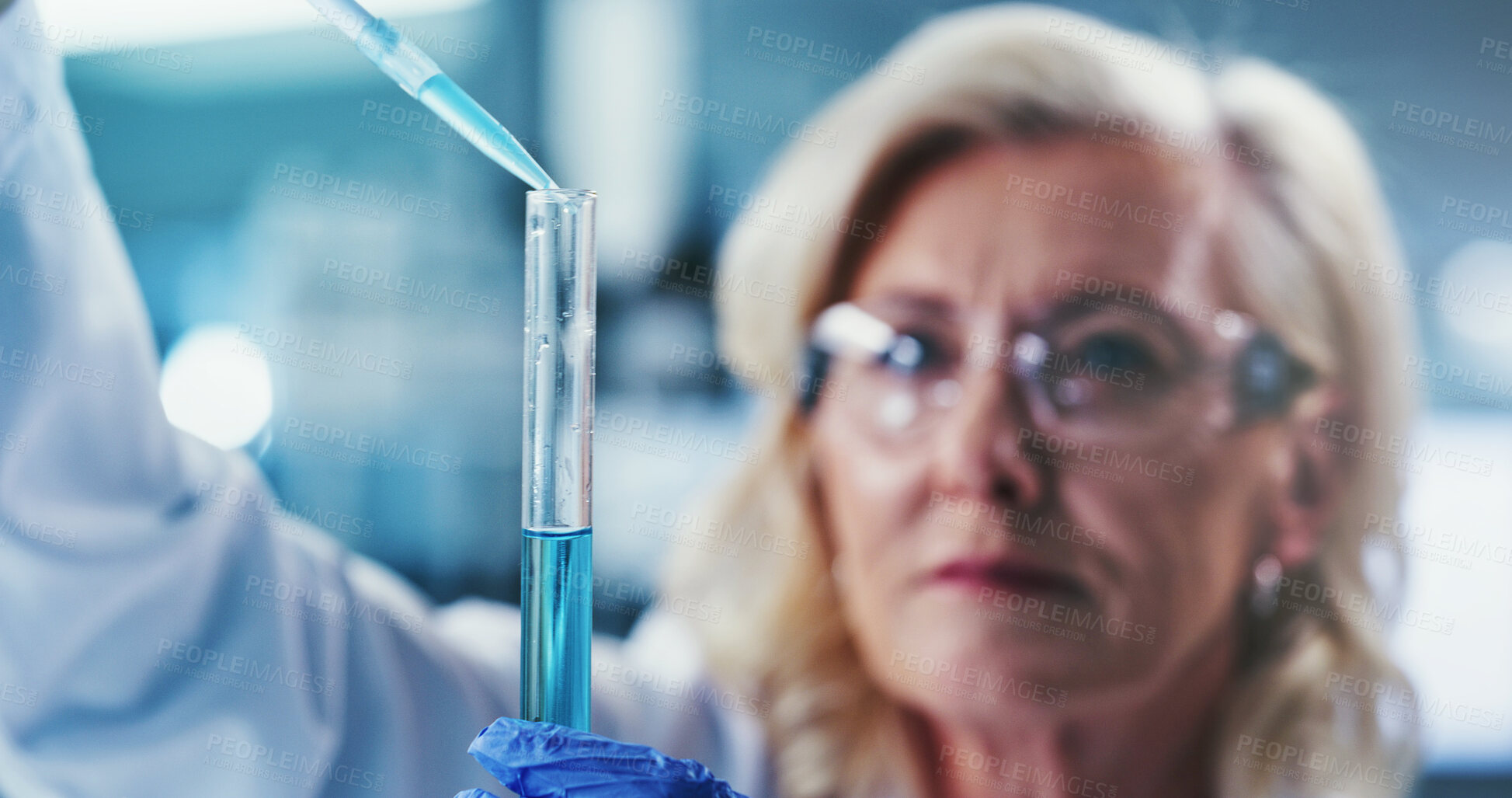 Buy stock photo Scientist, study and woman with test tube, lab and drug development for metabolic disease or science. Healthcare, medical professional and mature person with sample, pharmaceutical and diabetes cure