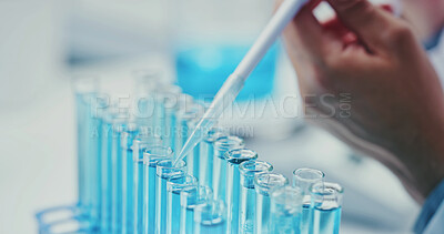 Buy stock photo Hands, scientist and dropper with sample at lab for medical research, test tube or experiment for virus cure. Person, pharma study and pipette with fluid for drugs, chemistry and vaccine development