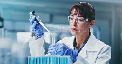 Buy stock photo Scientist, study and woman with pipette, lab and drug development for metabolic disease and biotech. Healthcare worker, glasses and mature person with medical research, innovation and diabetes cure