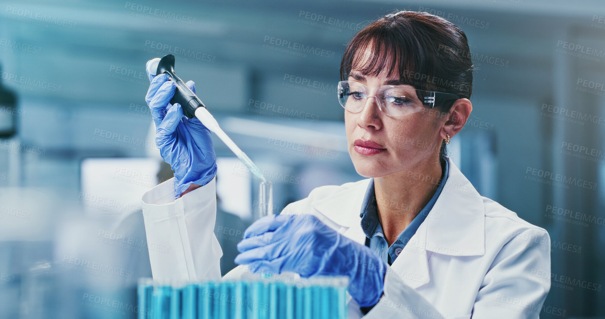 Buy stock photo Scientist, study and woman with pipette, lab and drug development for metabolic disease and biotech. Healthcare worker, glasses and mature person with medical research, innovation and diabetes cure