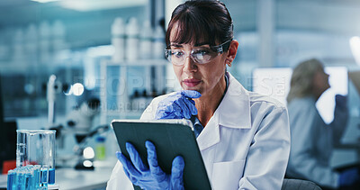 Buy stock photo Woman, scientist and tablet with thinking at lab for notes, medical research and ppe glasses for virus cure. Person, tech and checklist on app for progress report, review or pharma study for vaccine