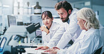 Research, science or people with computer in lab, procedure report or planning steps for vaccine trial. Reading, pc or scientist team with medical experiment preparation, writing or method discussion