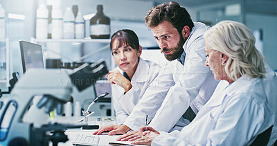 Buy stock photo Research, science or people with computer in lab, procedure report or planning steps for vaccine trial. Reading, pc or scientist team with medical experiment preparation, writing or method discussion