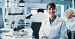 Woman, scientist and smile in portrait at lab with pride, job and medical research for virus cure. Person, science and happy with pharmaceutical career, confidence and project for vaccine development