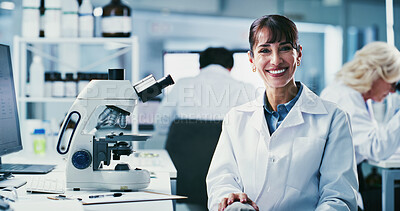 Buy stock photo Woman, scientist and smile in portrait at lab with pride, job and medical research for virus cure. Person, science and happy with pharmaceutical career, confidence and project for vaccine development