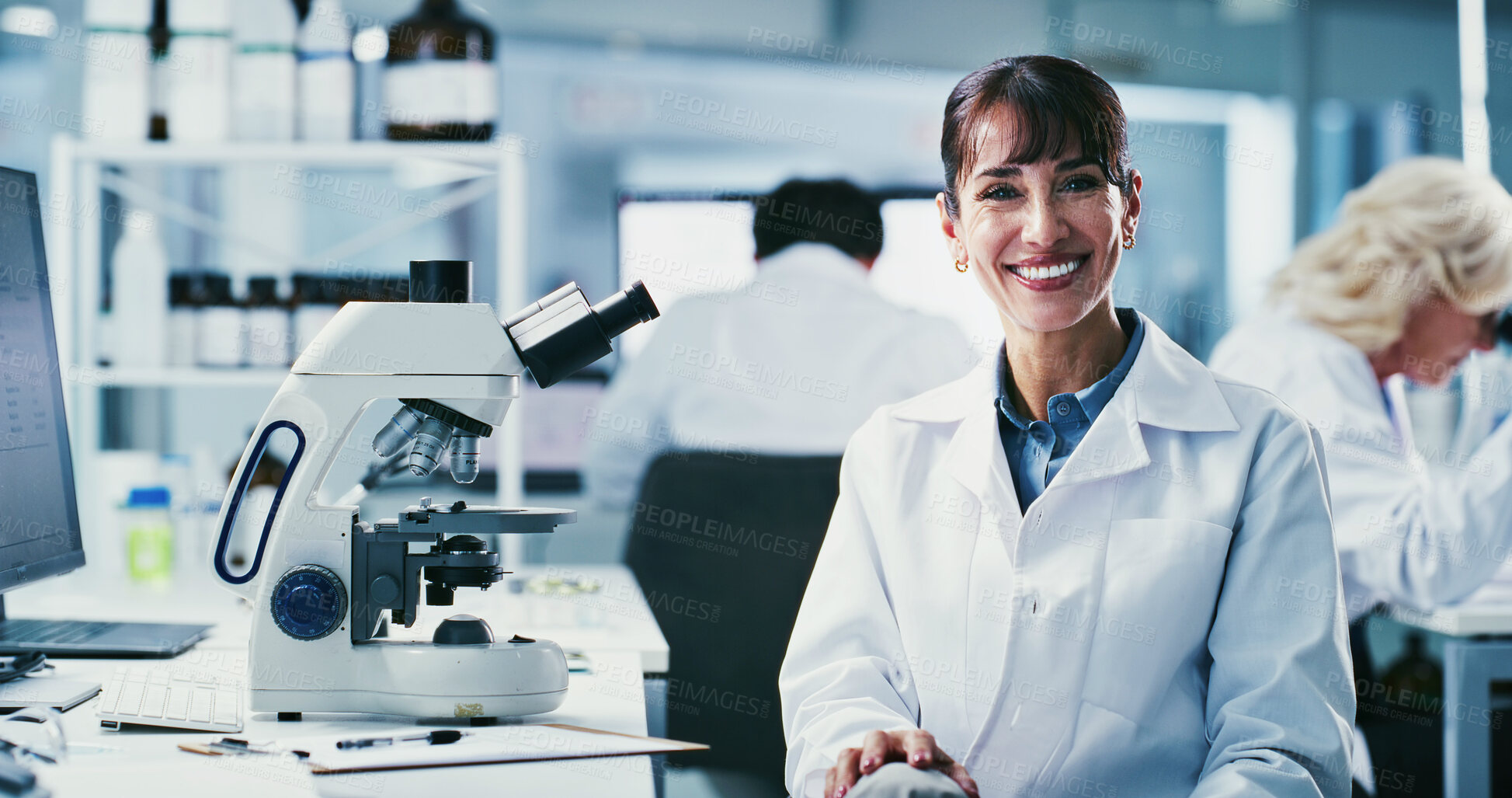 Buy stock photo Woman, scientist and smile in portrait at lab with pride, job and medical research for virus cure. Person, science and happy with pharmaceutical career, confidence and project for vaccine development
