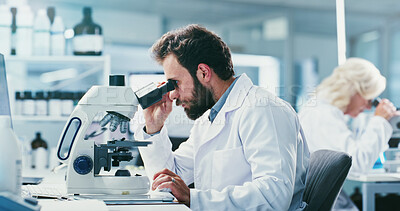 Buy stock photo Man, scientist and microscope with sample at lab for study, medical research and bacteria for virus cure. Person, gear and assessment with equipment, pharma career or project for vaccine development