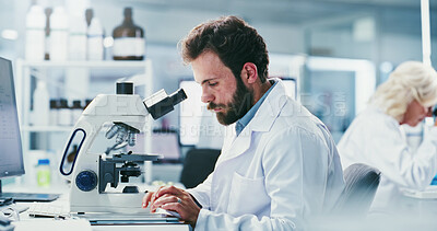 Buy stock photo Microscope, tablet and scientist in laboratory for pharmaceutical research, study or experiment. Digital technology, man and biologist with clinical development, science or medical innovation.