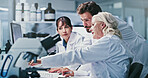 Reading, science or people with computer in lab, procedure discussion or planning steps for vaccine trial. Research, pc or scientist team prepare for medical experiment, talk or method brainstorming