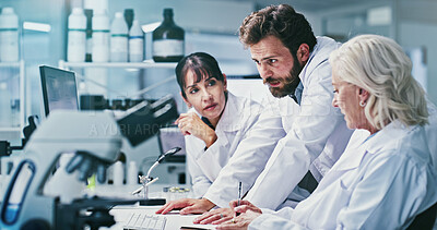 Buy stock photo Planning, science or people with computer in lab, procedure report or method steps for vaccine trial. Research, pc or scientist with teamwork for medical experiment preparation, writing or discussion