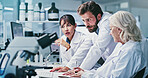 Discussion, science or people with computer in lab, procedure report or planning steps for vaccine trial. Teamwork, pc or scientist prepare for medical experiment, writing or talk for research method