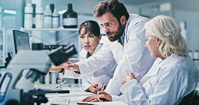 Buy stock photo Speaking, science or people with computer in lab, procedure report or planning steps for vaccine trial. Teamwork, pc or scientists prepare for medical experiment, writing or talk for research method