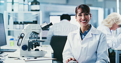 Buy stock photo Smile, mature woman and portrait of scientist in laboratory with confidence for medical research. Happy, professional and female biologist with pride for pharmaceutical development or innovation.