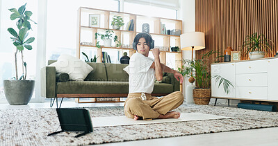 Buy stock photo Laptop, stretching and yoga with Asian man in home living room for exercise or wellness routine. Computer, headphones and health with yogi person on floor in apartment for online class or tutorial