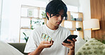 Man, phone and medication in home with search on web for side effects, ingredients or allergies on sofa. Person, smartphone and check pills on mobile app, supplements and drugs for wellness in house