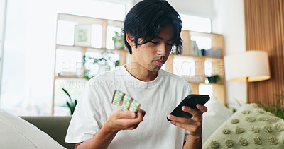 Buy stock photo Man, phone and medication in home with search on web for side effects, ingredients or allergies on sofa. Person, smartphone and check pills on mobile app, supplements and drugs for wellness in house