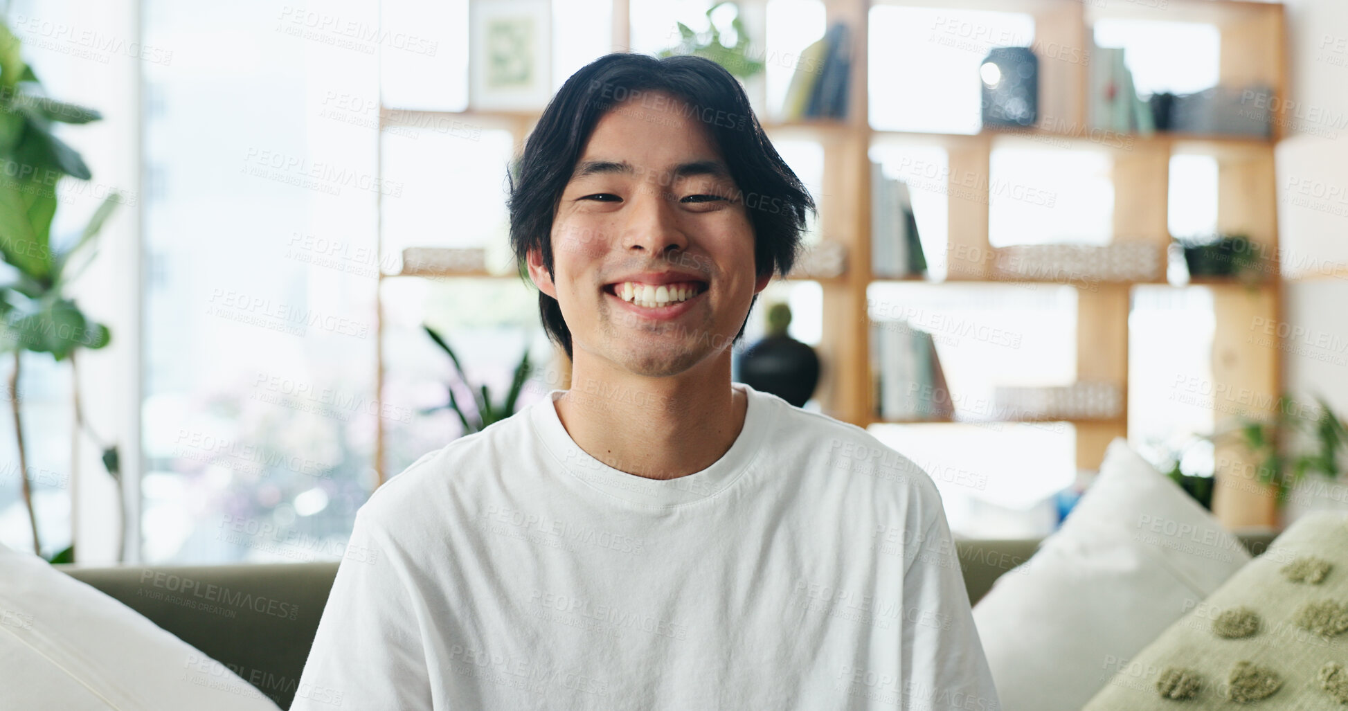 Buy stock photo Happy man, portrait and sofa with teeth in home for dental care, hygiene or cleaning. Face, male person or smile with positive attitude or expression for oral, mouth or dentistry healthcare in house