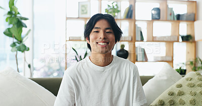 Buy stock photo Happy man, portrait and relax on sofa for health, wellness or holiday for comfort in home. Male person, expression or positive attitude with smile on living room couch for weekend, break or recovery