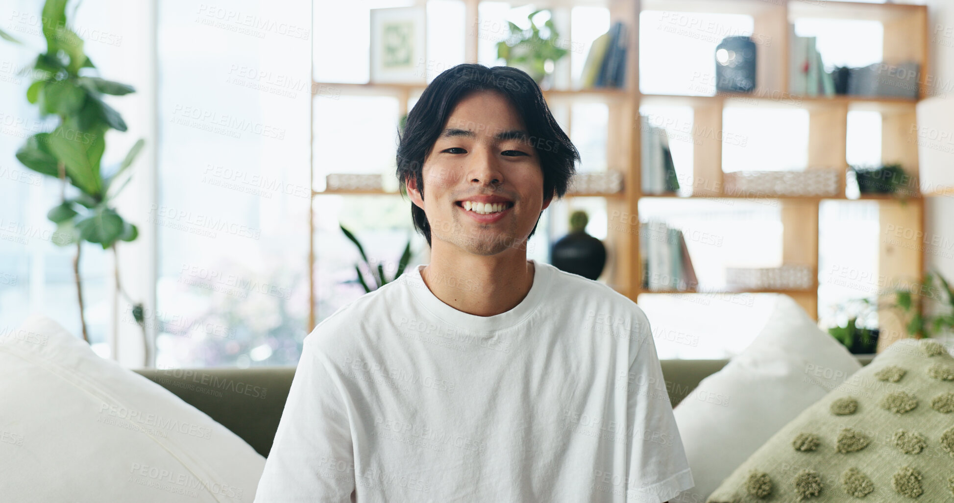 Buy stock photo Happy man, portrait and relax on sofa for health, wellness or holiday for comfort in home. Male person, expression or positive attitude with smile on living room couch for weekend, break or recovery