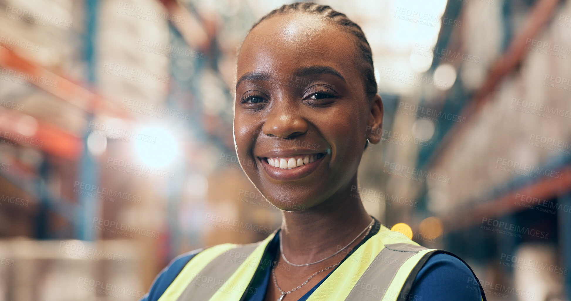Buy stock photo Black woman, portrait and logistics with confidence in warehouse for storage or shipping service. Happy, female person or distributor with smile for supply chain, security or freight safety in depot