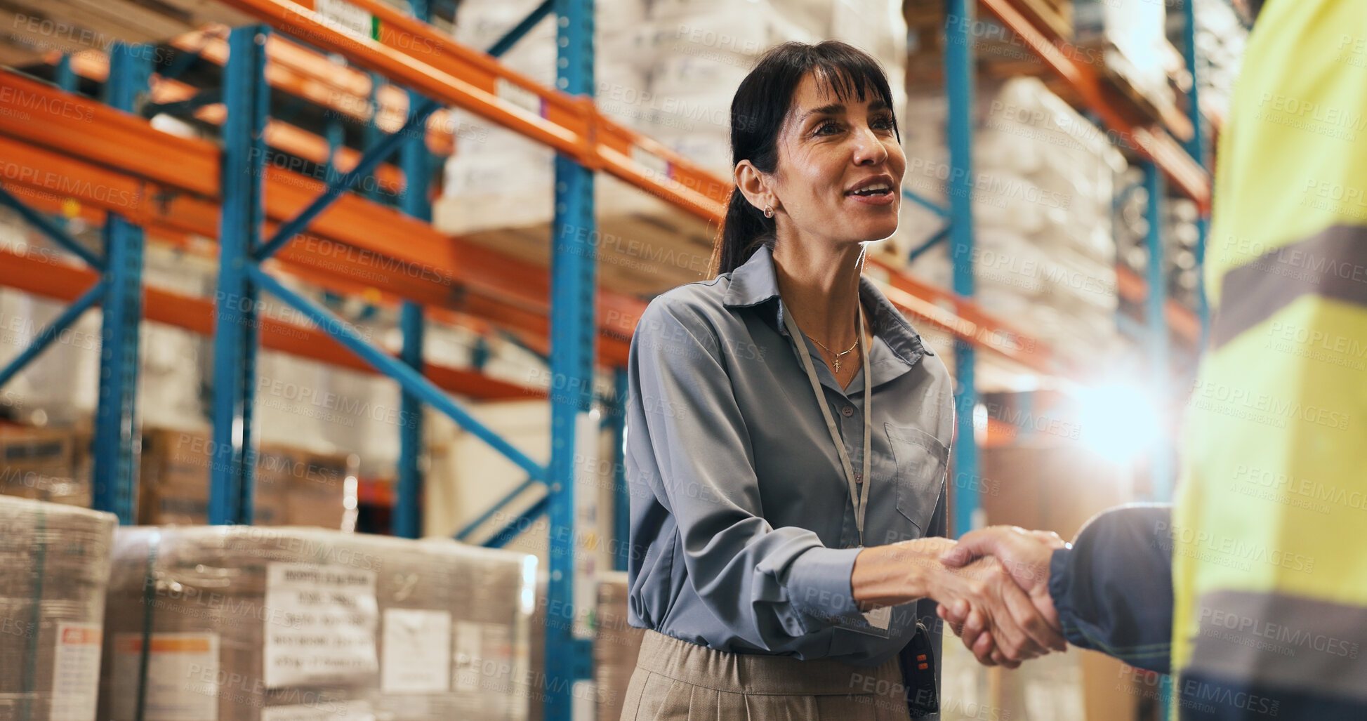 Buy stock photo Happy woman, warehouse and logistics with handshake for partnership, b2b or shipping service. Female person, supplier or distributor shaking hands with smile for storage agreement or deal in depot
