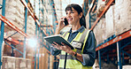 Logistics, tablet or woman with phone call in warehouse for shipment handling, order enquiry or export. Manager, mature person and mobile chat with tech to confirm cargo schedule, shipping and update