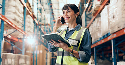 Buy stock photo Logistics, tablet or woman with phone call in warehouse for shipment handling, order enquiry or flare. Manager, mature person and mobile chat with tech to confirm cargo schedule, shipping and update