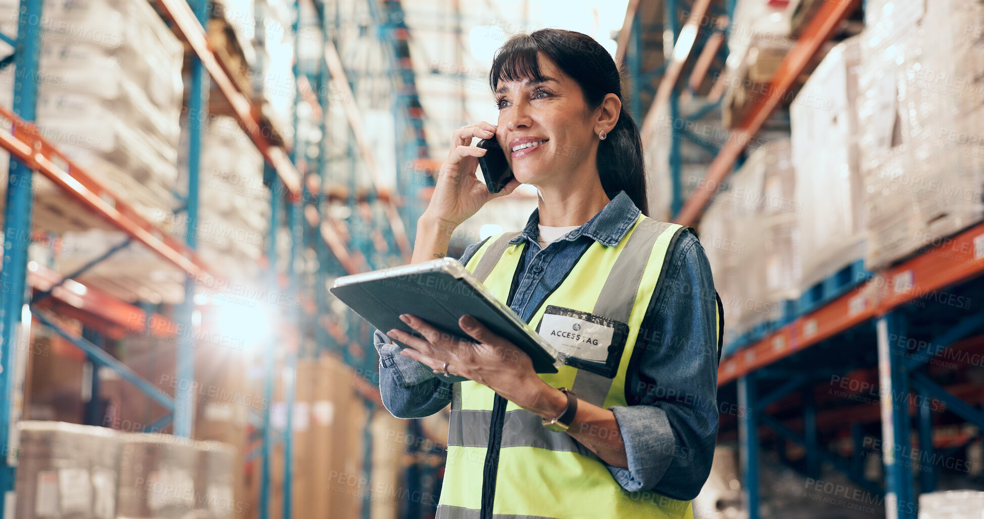 Buy stock photo Logistics, tablet or woman with phone call in warehouse for shipment handling, order enquiry or flare. Manager, mature person and mobile chat with tech to confirm cargo schedule, shipping and update