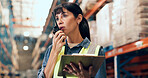 Radio, talking and woman on tablet in warehouse for inspection, online inventory and stock checklist. Supervisor, factory and person on tech with communication for logistics, shipping or distribution
