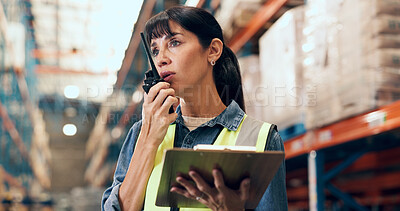 Buy stock photo Radio, talking and woman on tablet in warehouse for inspection, online inventory and stock checklist. Supervisor, factory and person on tech with communication for logistics, shipping or distribution