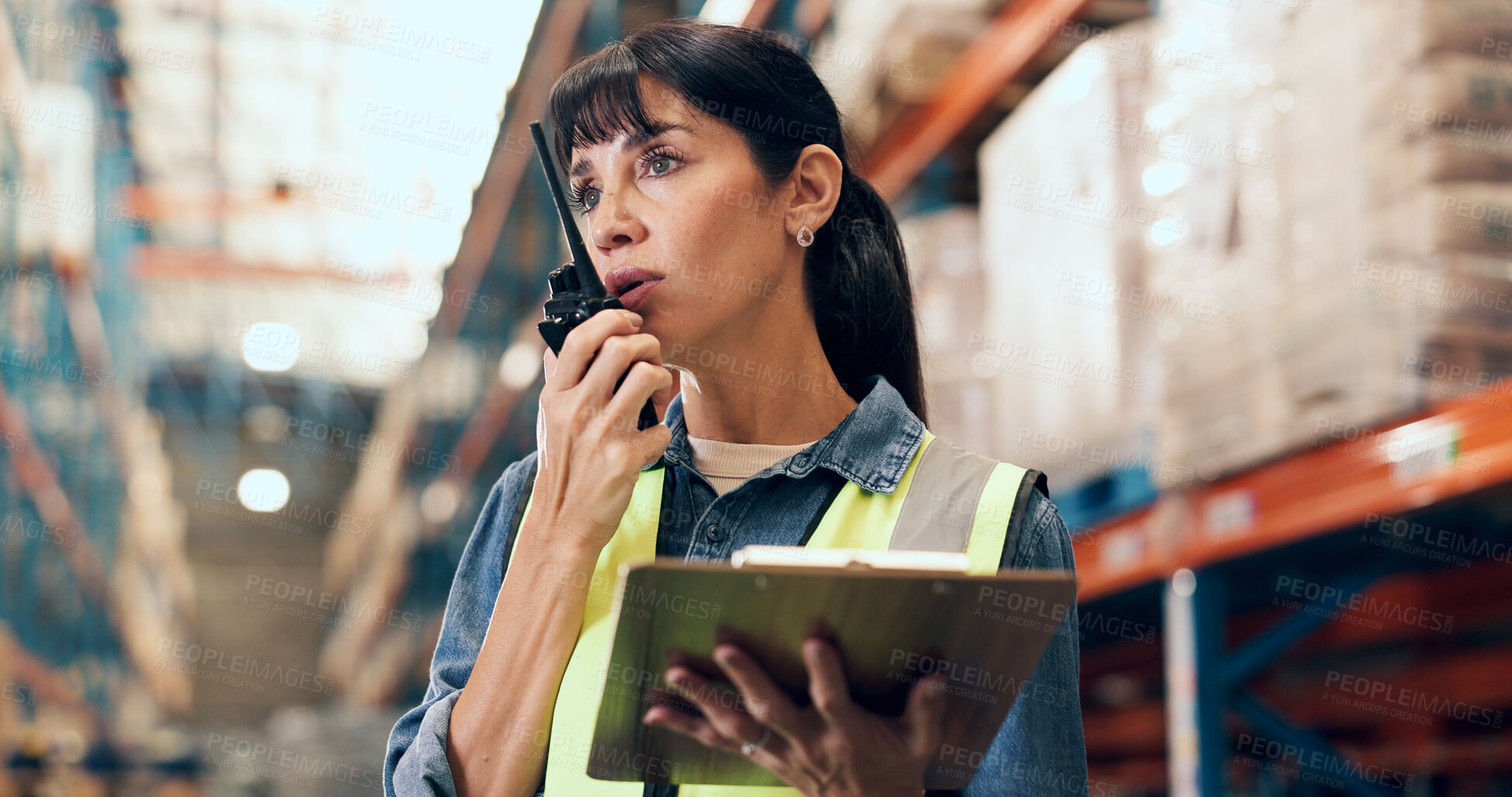 Buy stock photo Radio, talking and woman on tablet in warehouse for inspection, online inventory and stock checklist. Supervisor, factory and person on tech with communication for logistics, shipping or distribution