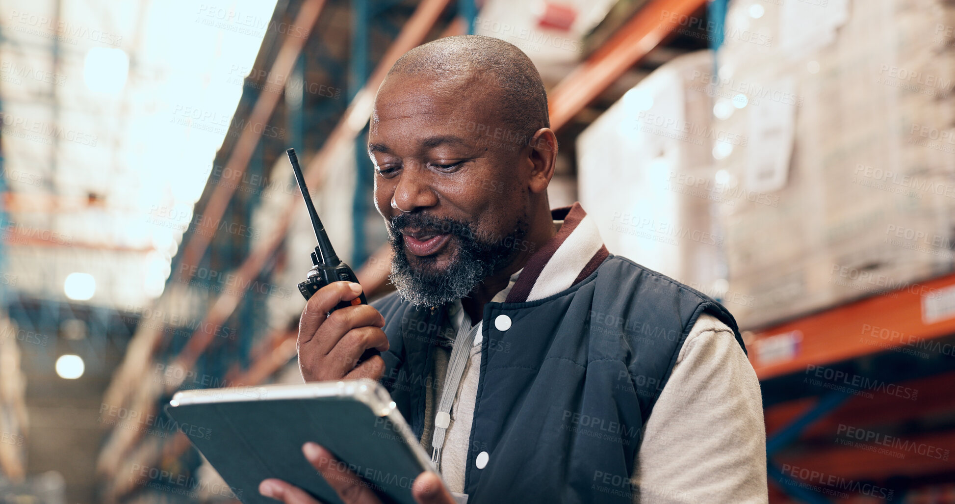 Buy stock photo Radio, talking and black man on tablet in warehouse for inspection, inventory and delivery. Supervisor, factory and mature person on tech with communication for logistics, shipping or distribution