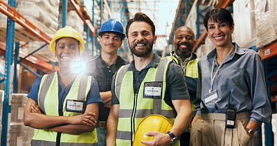 Buy stock photo Logistics, team and happy portrait in warehouse for quality control, stock distribution and about us. Flare, people and arms crossed in storage facility for supply chain, cargo export and inspection