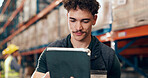 Logistics, online and man with tablet in factory, supply chain or quality assurance for distribution. Warehouse, research and person with tech for goods delivery, freight and planning for shipping