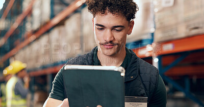 Buy stock photo Logistics, online and man with tablet in factory, supply chain or quality assurance for distribution. Warehouse, research and person with tech for goods delivery, freight and planning for shipping