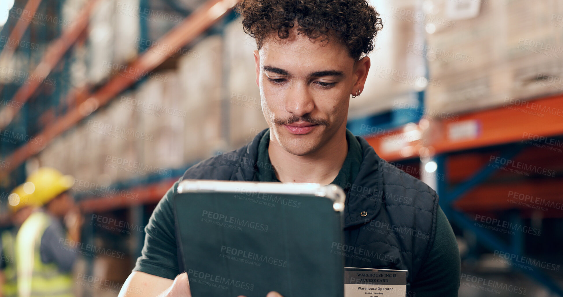 Buy stock photo Logistics, online and man with tablet in factory, supply chain or quality assurance for distribution. Warehouse, research and person with tech for goods delivery, freight and planning for shipping