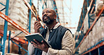 Radio, talking and man on tablet in warehouse for inspection, online inventory and delivery. Supervisor, factory and African person on tech with communication for logistics, shipping or distribution