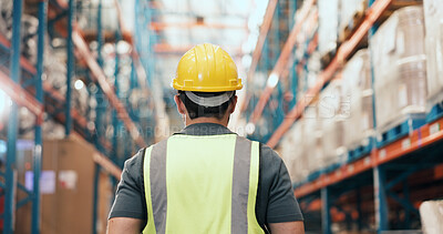 Buy stock photo Walking, shipping and back of man in warehouse for supply chain, inventory and stock inspection. Supervisor, factory and person in aisle for logistics, ecommerce or distribution for quality control