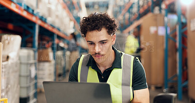 Buy stock photo Logistics, online and man with laptop in warehouse, supply chain and stock quality assurance on web. Shipping, supplier and person with tech for order distribution, reading and inventory in factory