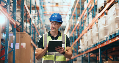 Buy stock photo Thinking, man and inspection with tablet in warehouse, supply chain or stock quality control on web. Factory, logistics and person with tech for order distribution, reflection and goods inventory