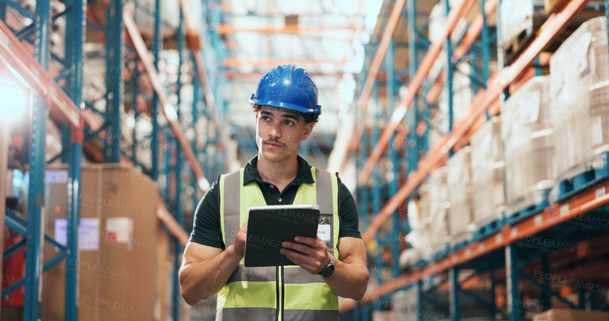 Buy stock photo Thinking, man and inspection with tablet in warehouse, supply chain or stock quality control on web. Factory, logistics and person with tech for order distribution, reflection and goods inventory
